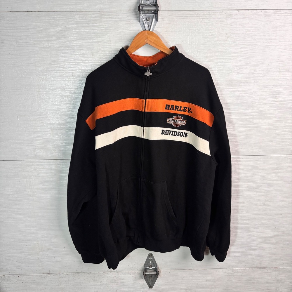 Harley Davidson Full Zip Sweatshirt Black Orange Stripe Biker Jacket 2XL